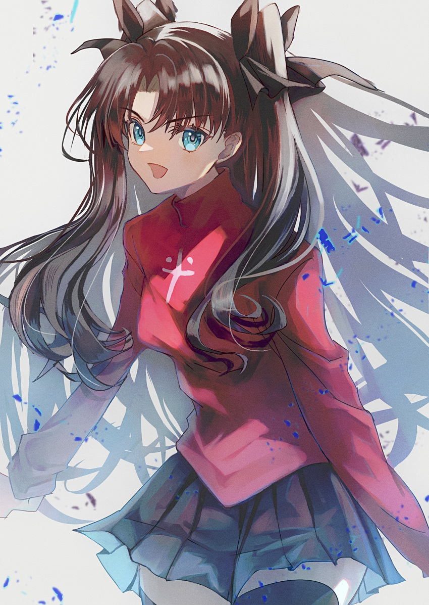 1girl, :d, aqua_eyes, black_hair, black_ribbon, black_skirt, cowboy_shot, fate/stay_night, fate_(series), hair_ribbon, highres, long_hair, long_sleeves, looking_at_viewer, open_mouth, pleated_skirt, ribbon, ruko072, simple_background, skirt, smile, solo, sweater, tohsaka_rin, turtleneck, turtleneck_sweater, two_side_up, white_background