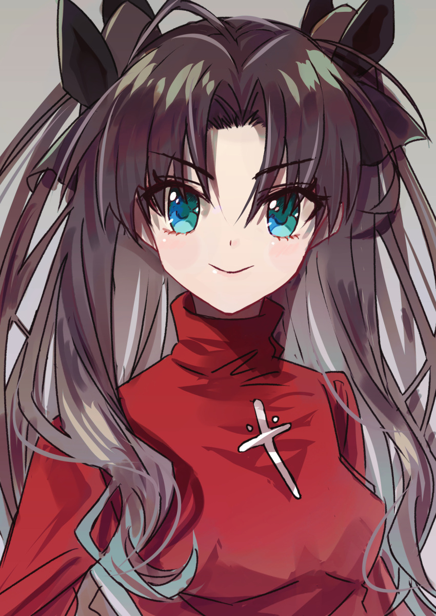 1girl, aqua_eyes, black_hair, black_ribbon, closed_mouth, fate/stay_night, fate_(series), grey_background