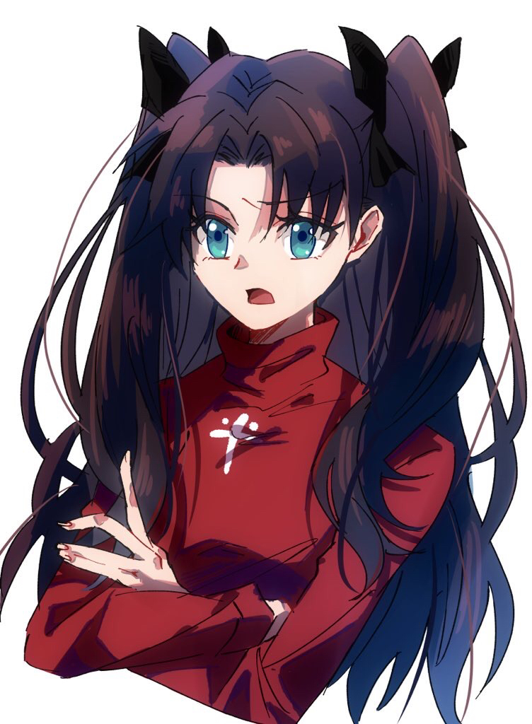 1girl, aqua_eyes, black_bow, black_hair, bow, cropped_torso, crossed_arms, fate/stay_night, fate_(series), hair_bow, long_hair, long_sleeves, looking_at_viewer, open_mouth, parted_bangs, red_sweater, ruko072, simple_background, solo, sweater, tohsaka_rin, turtleneck, turtleneck_sweater, two_side_up, upper_body, white_background