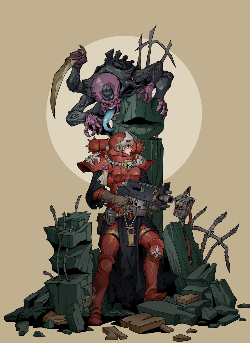 1girl, absurdres, adepta_sororitas, alien, armor, blonde_hair, bolter, claws