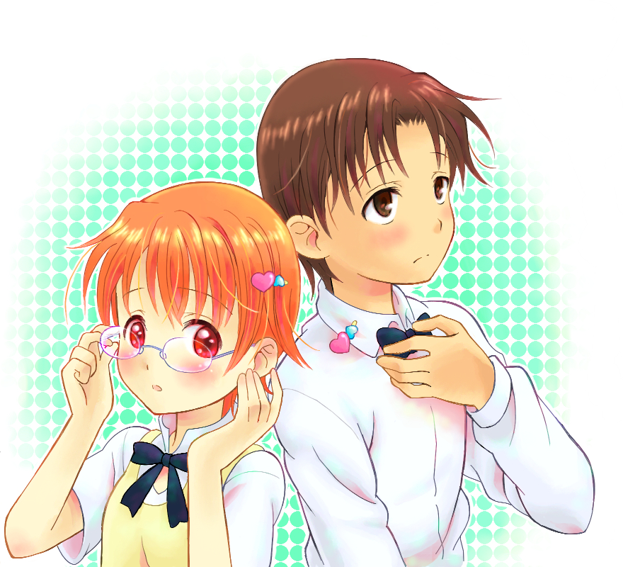 1girl, blush, couple, glasses, hair_ornament, hairpin, inami_mahiru, kyapu-10, orange_hair, red_eyes, short_hair, takanashi_souta, waitress, working!!