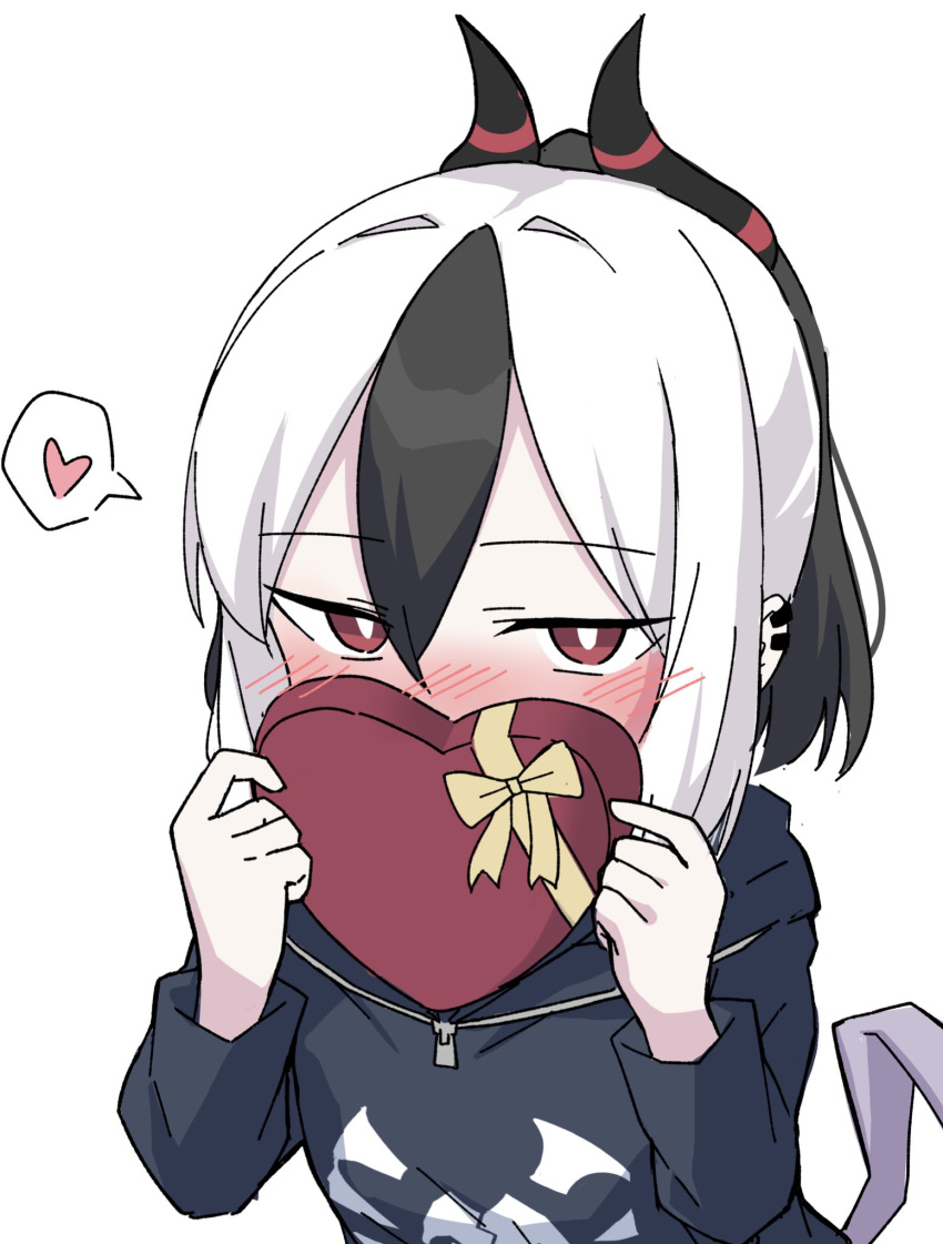 1girl, black_hair, black_hoodie, black_horns, blue_archive, blush, box, bright_pupils