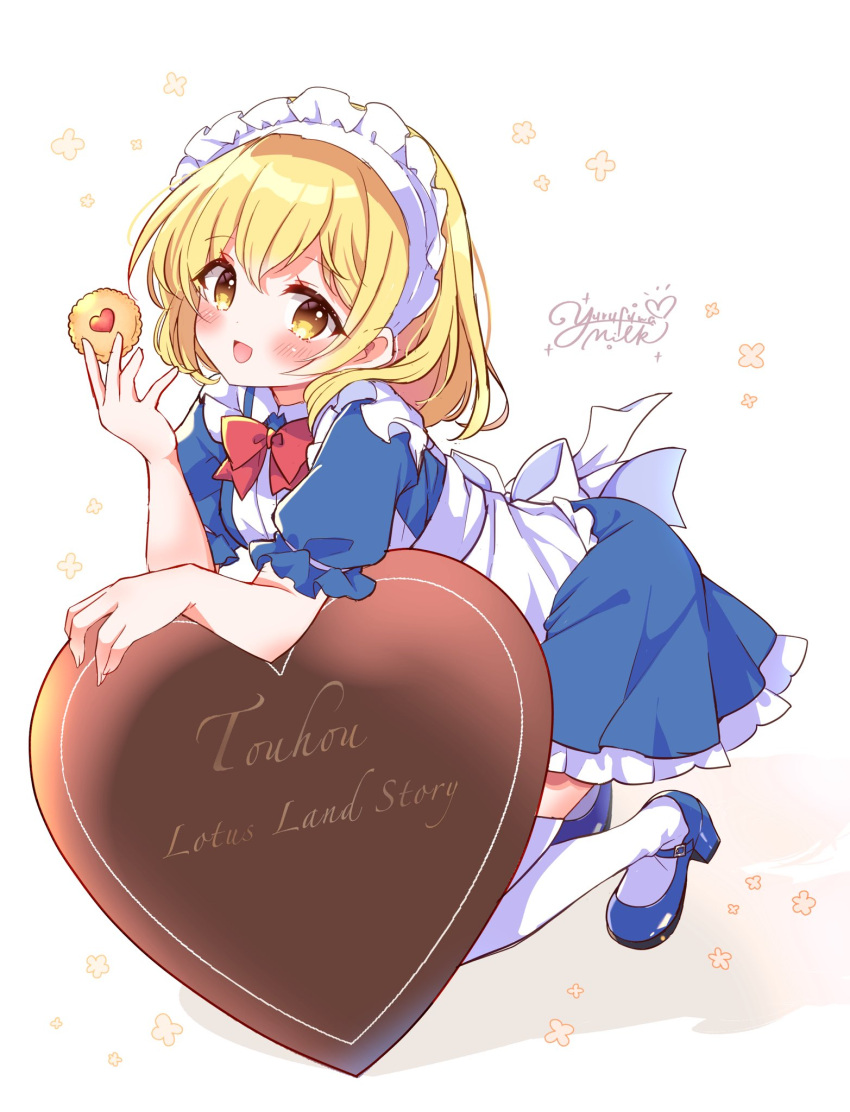 1girl, :d, apron, back_bow, blonde_hair, blue_dress, blue_footwear, blush