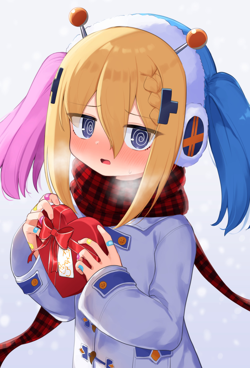 1girl, @_@, absurdres, bandaid, bandaid_on_hand, blonde_hair, blue_eyes, blue_hair, blush, box, box_of_chocolates, braid, breath, coat, earmuffs, french_braid, hair_between_eyes, heart-shaped_box, highres, long_sleeves, looking_at_viewer, mahjong_fight_girl, multicolored_hair, nose_blush, open_mouth, paid_reward_available, pink_hair, plaid, plaid_scarf, red_scarf, scarf, solo, sweat, toy-toy, valentine, waon_(43ctw), white_coat