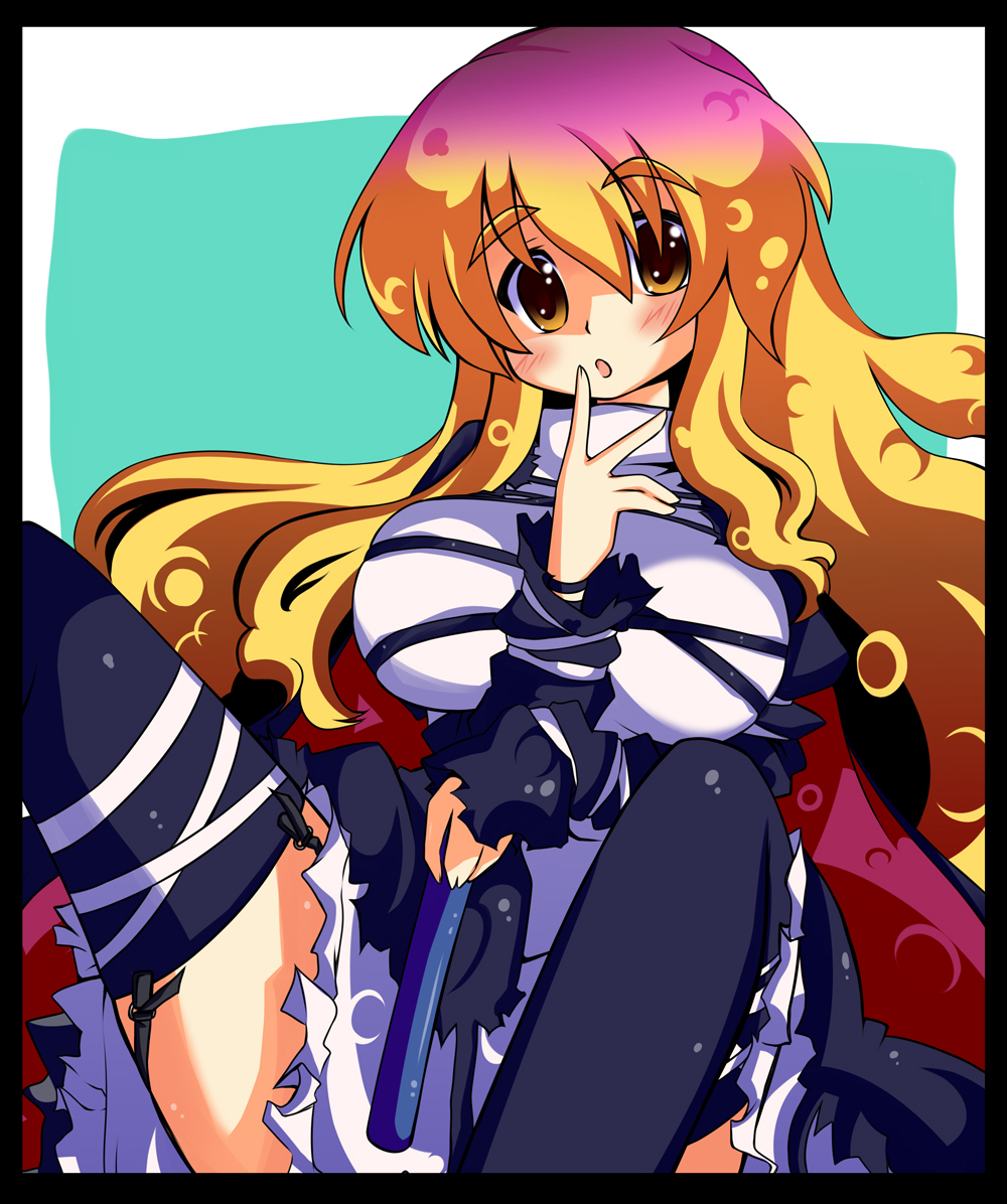 black_thighhighs, breasts, cape, dress, gin_(shioyude), gin_946, gradient_hair, hijiri_byakuren