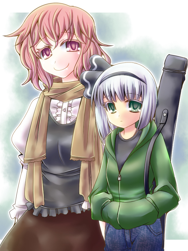 alternate_costume, contemporary, green_eyes, hairband, jude_(minority_lilac), konpaku_youmu, minority_lilac, multiple_girls, pink_eyes, pink_hair, saigyouji_yuyuko, scarf, short_hair, silver_hair, touhou