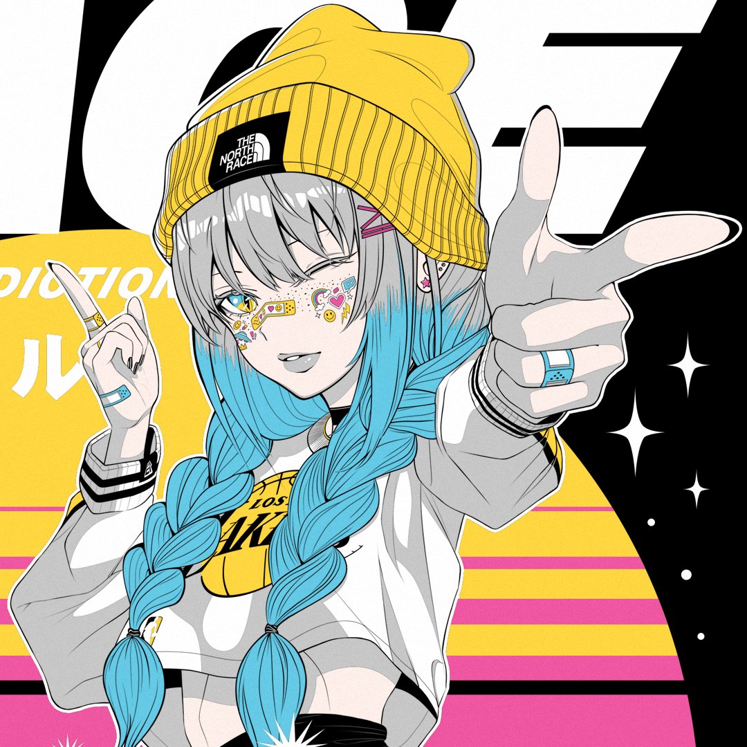 1girl, alex_rsr, bandaid, bandaid_on_face, bandaid_on_hand, bandaid_on_nose, black_nails, black_skirt