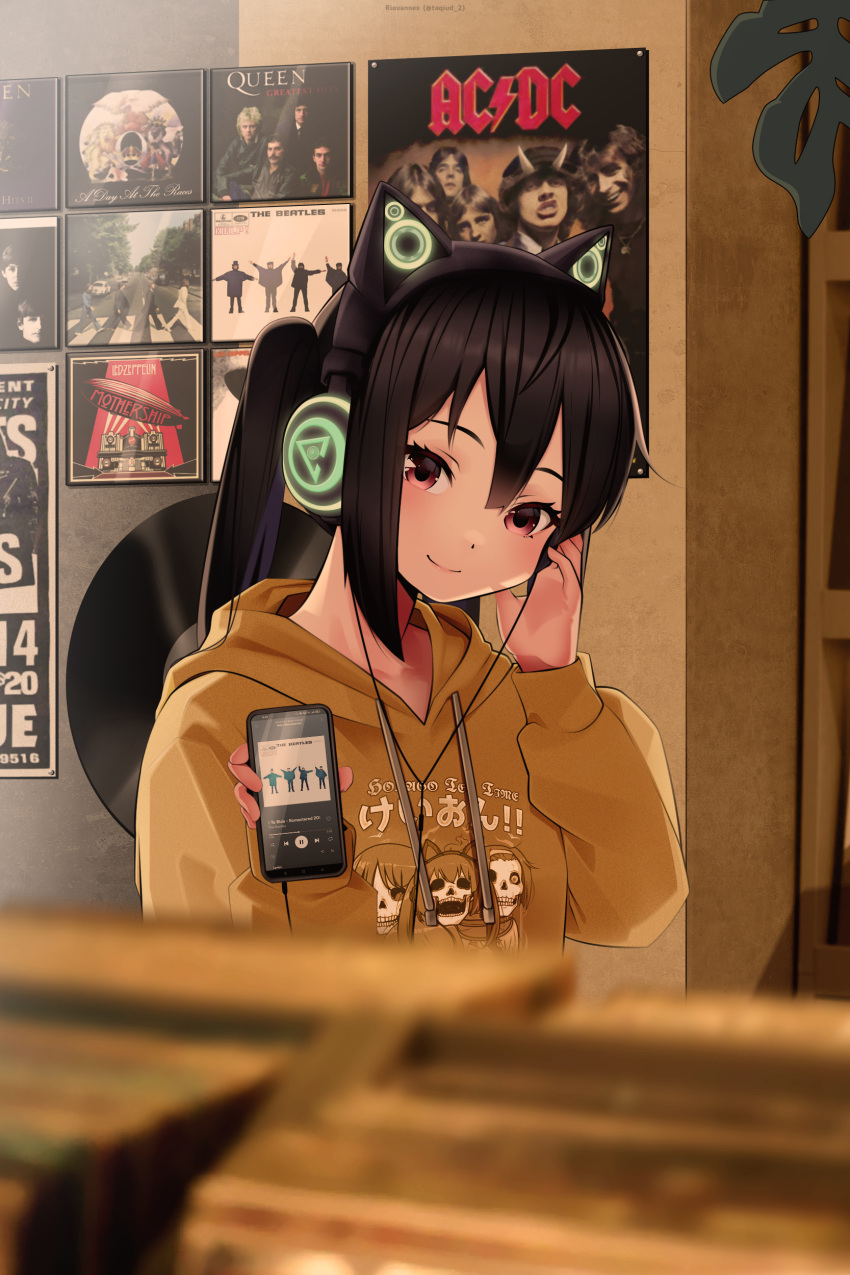 1girl, absurdres, ac/dc, black_hair, brown_eyes, cellphone, closed_mouth, commentary