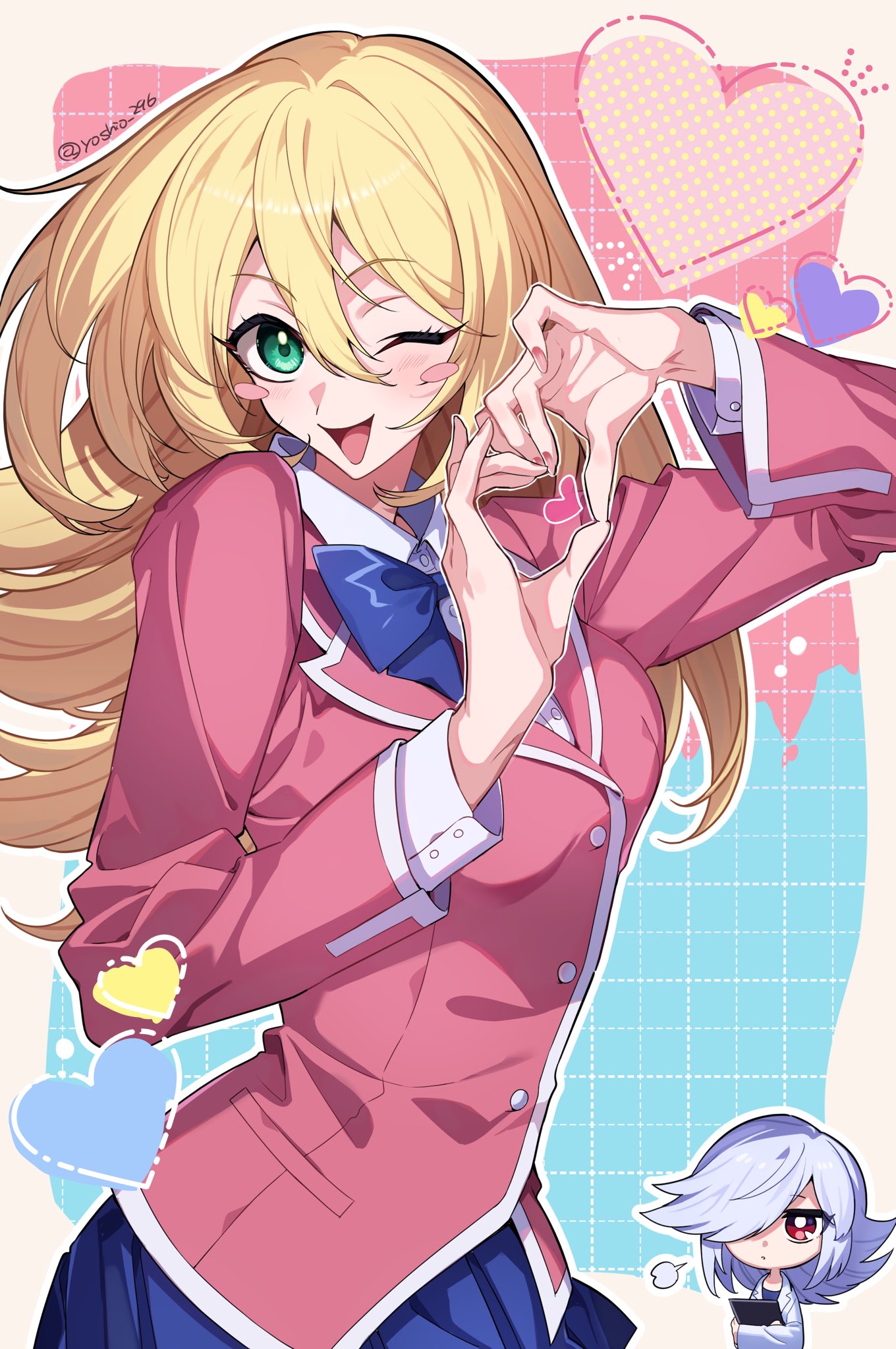 2girls, alternate_costume, blonde_hair, blue_skirt, blush_stickers, bow, bowtie, chibi, commentary, cosplay, green_eyes, heart, heart_hands, highres, long_hair, mazaki_anzu, mazaki_anzu_(cosplay), multiple_girls, one_eye_closed, pink_shirt, red_eyes, school_uniform, shirt, silent_magician, skirt, symbol-only_commentary, twitter_username, valentine, yoshio_296, yu-gi-oh!