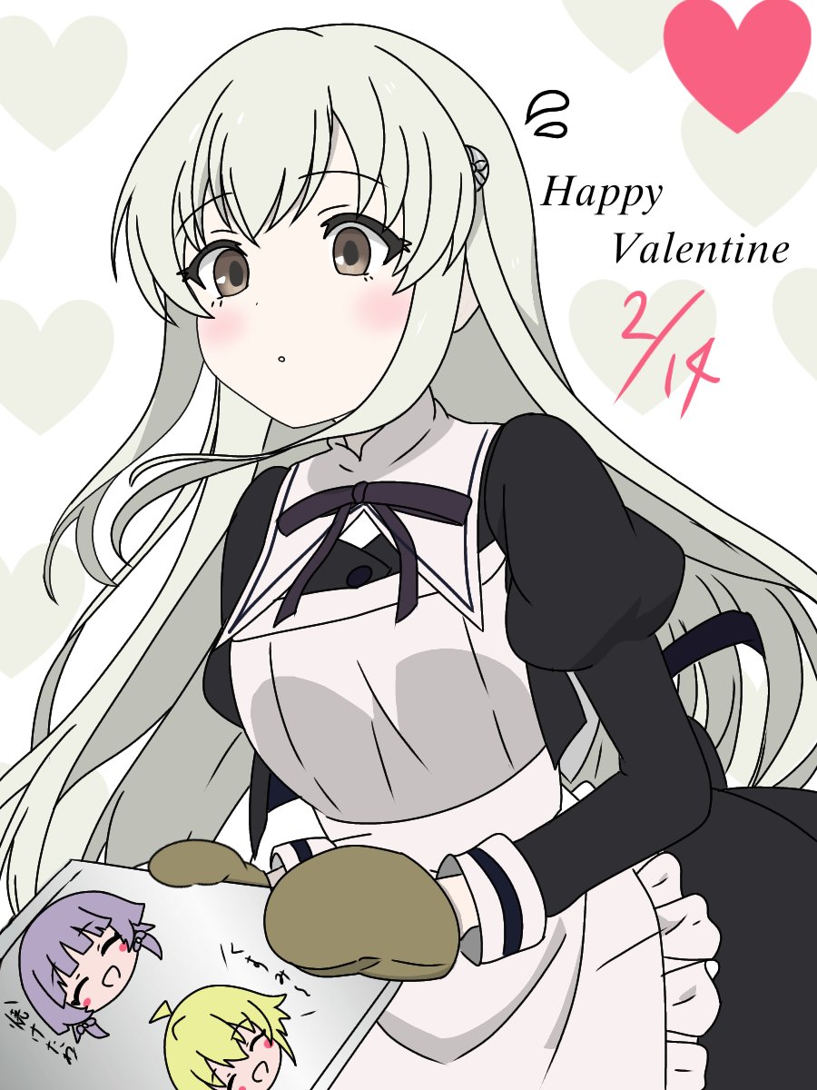 3girls, :o, amano_soraha, apron, assault_lily, baking_sheet, banshouya_ena, black_ribbon