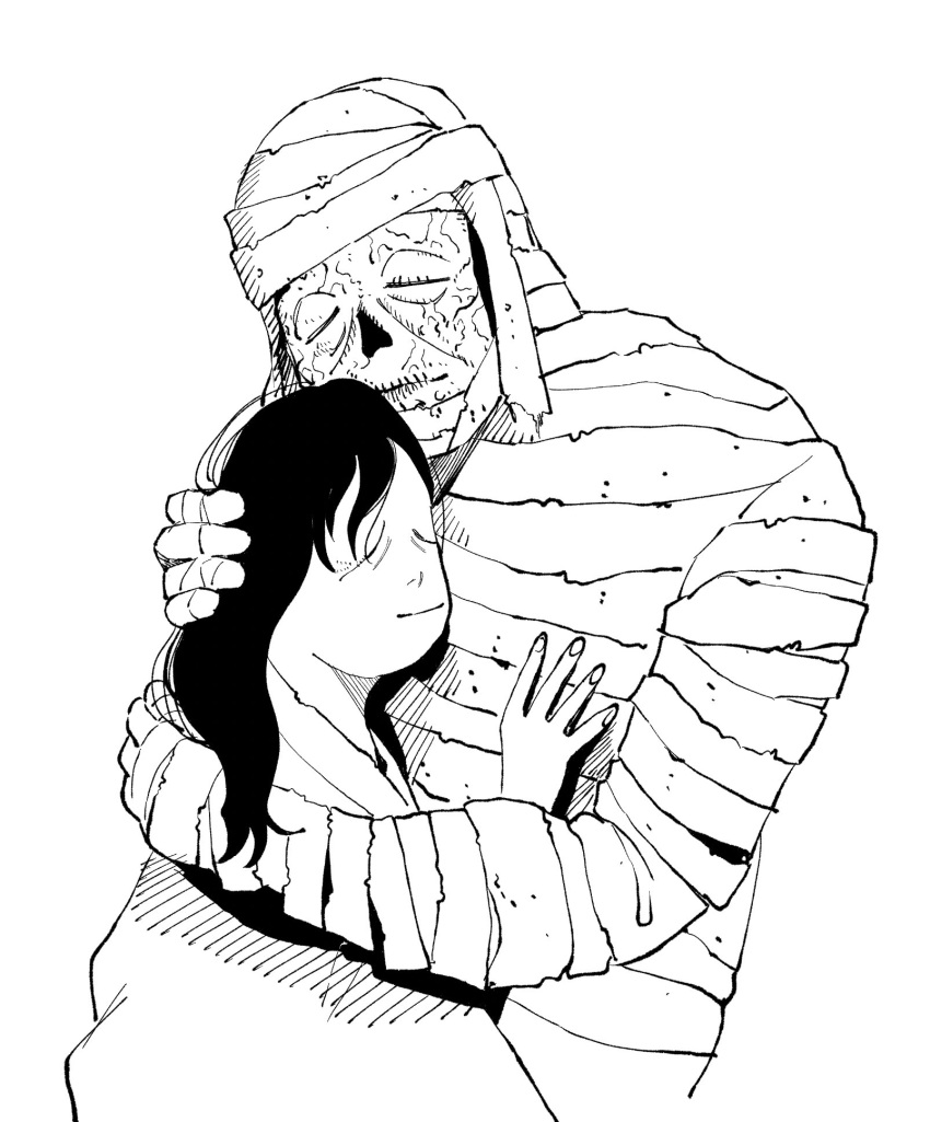 1boy, 1girl, bandages, closed_eyes, closed_mouth, enka_(marorinn), gegege_no_kitarou, greyscale