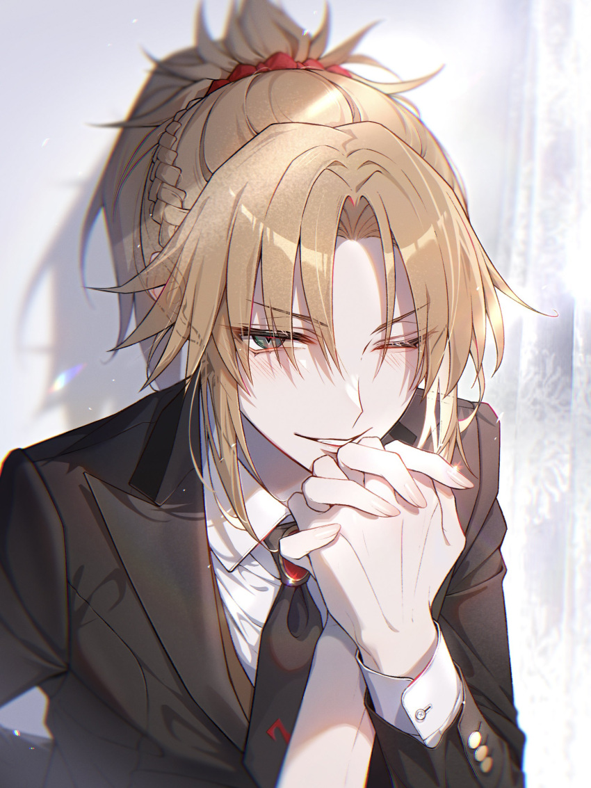 1girl, absurdres, bambi-25, black_necktie, blonde_hair, blush, braid, brooch