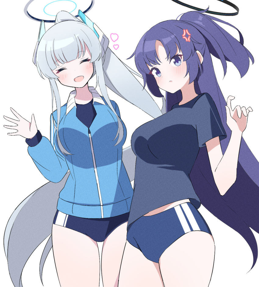 2girls, blue_archive, blue_buruma, blue_hair, blue_jacket, blue_shirt, blush, buruma