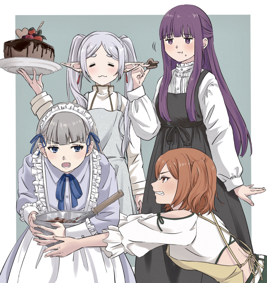4girls, apron, black_dress, blue_eyes, blue_ribbon, blush, border, bowl
