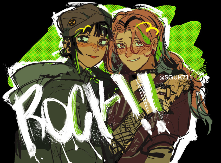 2girls, arm_around_shoulder, black_hair, black_nails, blush, collar, ear_piercing, earrings