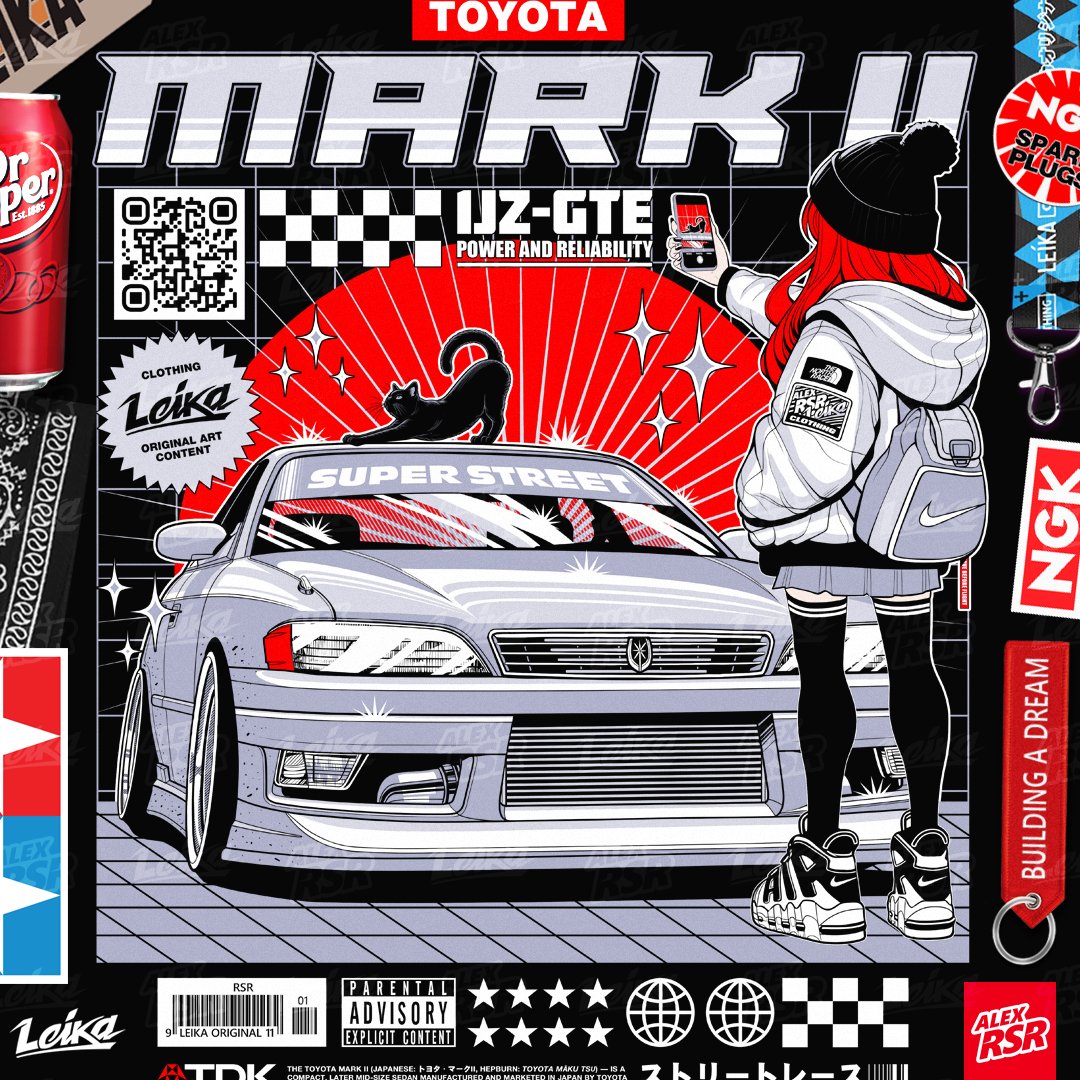 1girl, alex_rsr, artist_logo, artist_name, backpack, bag, black_headwear, can, cat, cellphone, dr_pepper, english_text, grey_skirt, holding, holding_phone, hood, hood_down, hooded_jacket, jacket, logo, nike_(company), nike_uptempo_96, original, parental_advisory, phone, qr_code, redhead, shadow, skirt, smartphone, solo, sparkle, stance_(vehicle), star_(symbol), tamiya_incorporated, tdk_corporation, the_north_face, toyota, toyota_mark_ii, vehicle_focus, white_jacket