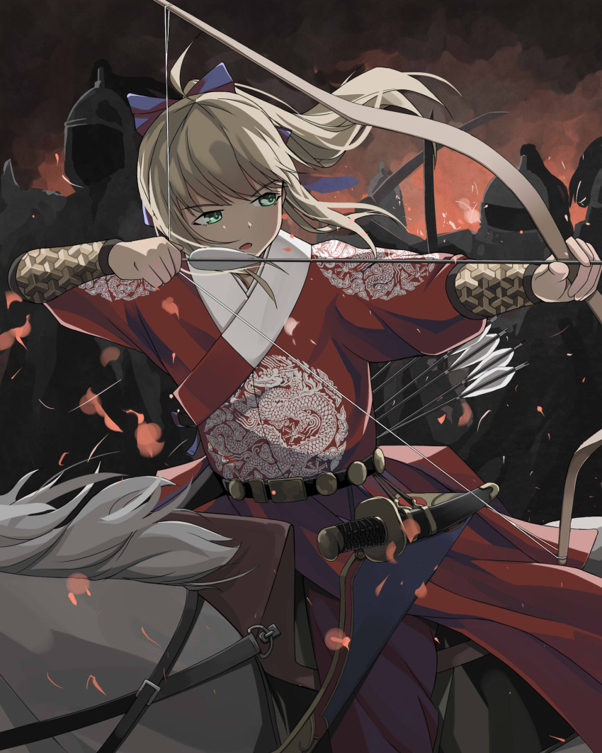 1girl, 4others, alternate_costume, arm_guards, armor, arrow_(projectile), artoria_pendragon_(fate), belt