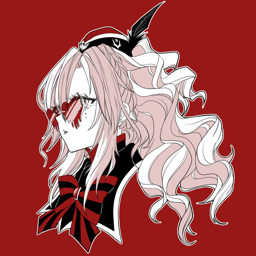 1girl, black_feathers, black_headwear, bow, braid, closed_mouth, earrings, eyelashes