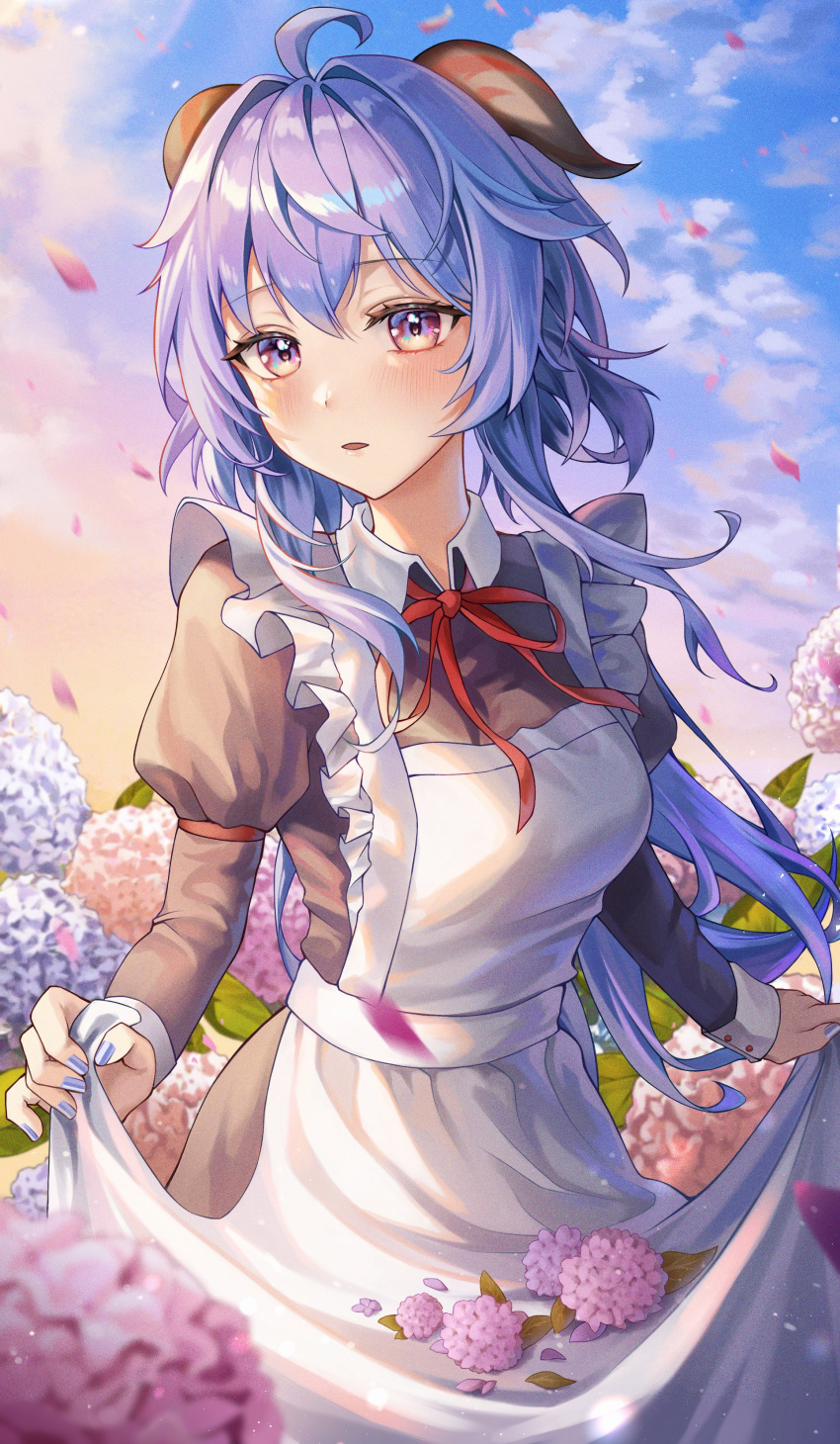 1girl, absurdres, ahoge, alternate_costume, apron, black_dress, blue_flower, blue_hair