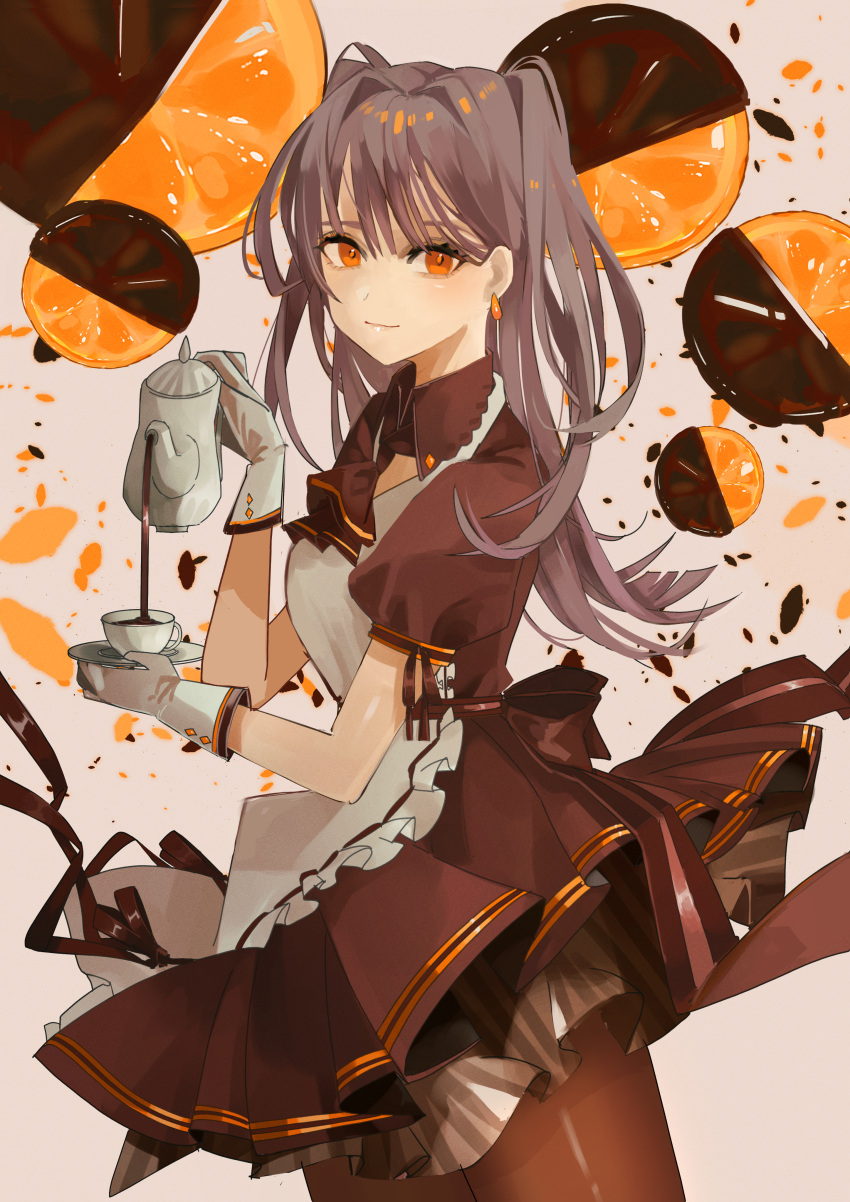 1girl, absurdres, apron, ascot, black_ascot, black_collar, black_dress, black_pantyhose, chocolate, coffee, collar, commentary, dress, earrings, english_commentary, food, frilled_apron, frills, fruit, gloves, grey_hair, hair_intakes, highres, holding, holding_saucer, jewelry, long_hair, looking_at_viewer, maid, maid_apron, orange_(fruit), orange_eyes, original, pantyhose, pouring, puffy_short_sleeves, puffy_sleeves, saucer, short_sleeves, solo, teizen_(niwamaee), twintails, white_apron, white_gloves