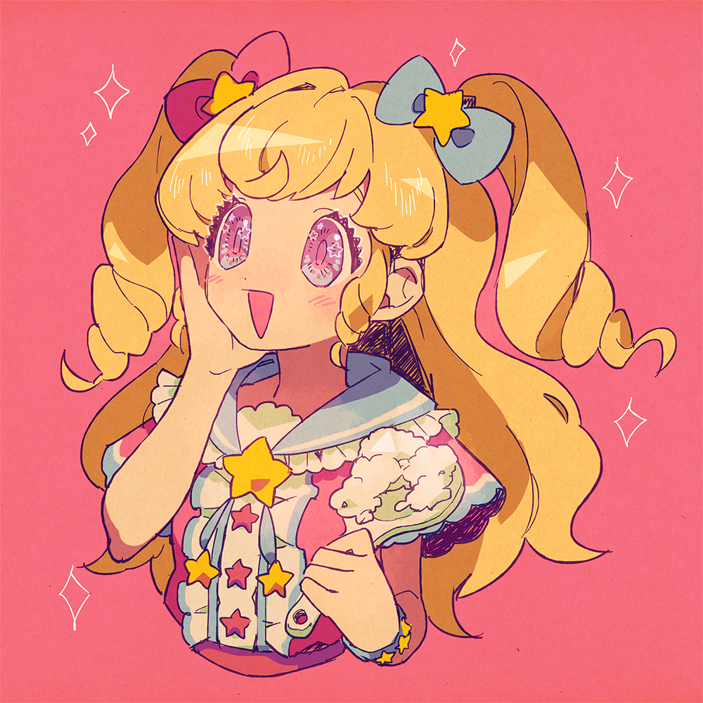 1girl, :d, blonde_hair, blue_bow, blue_sailor_collar, blush, bow, center_frills, commentary_request, cropped_torso, frills, hair_bow, hair_ornament, hand_on_own_cheek, hand_on_own_face, hand_up, holding, holding_spoon, idol_time_pripara, katupuraamen, long_hair, open_mouth, pink_background, pink_bow, pink_eyes, pink_shirt, pretty_series, pripara, rice, ringlets, sailor_collar, shirt, short_sleeves, simple_background, smile, solo, spoon, star_(symbol), star_hair_ornament, twintails, two_side_up, upper_body, yumekawa_yui