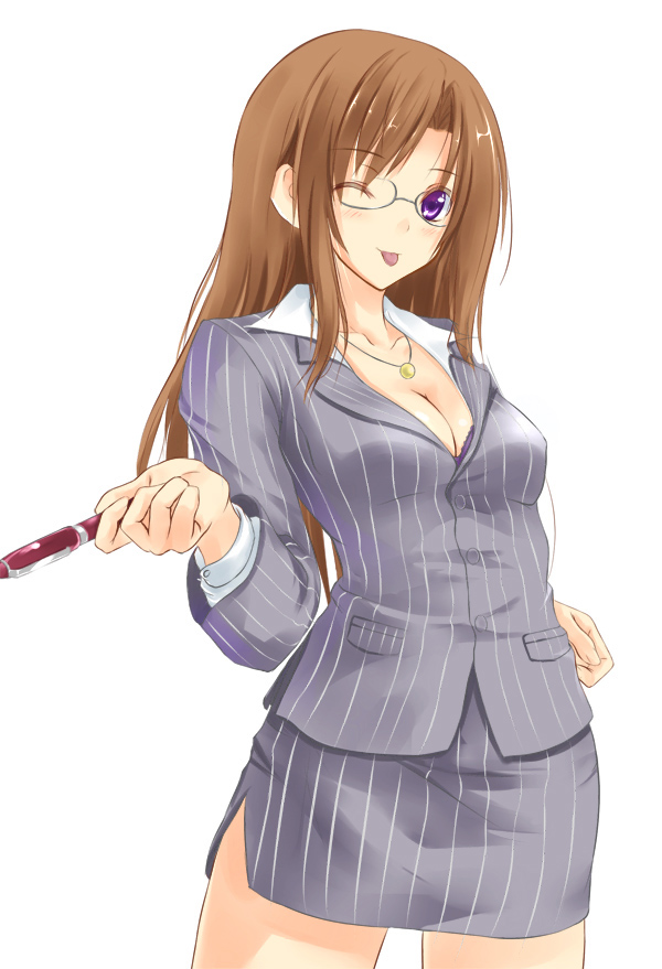 1girl, :p, brown_hair, cleavage, female, formal, glasses, jewelry