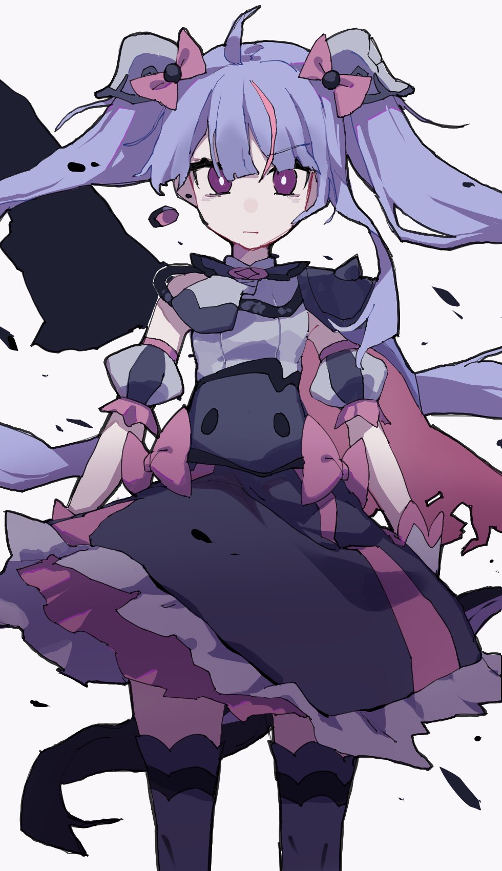 1girl, ahoge, arms_at_sides, black_skirt, black_thighhighs, blue_hair, bow, bright_pupils