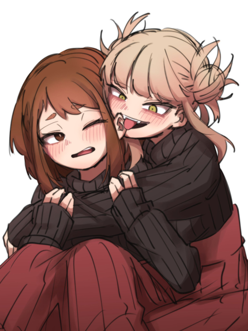 2girls, black_sweater, blonde_hair, blunt_bangs, blush, boku_no_hero_academia, brown_eyes, brown_hair