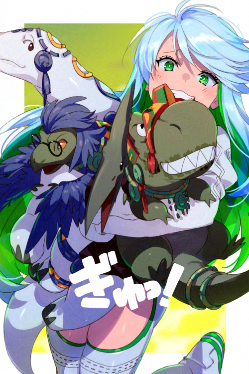 1girl, archeopteryx, boots, brontosaurus, colored_inner_hair, cropped_jacket, dinosaur, echo_(circa)