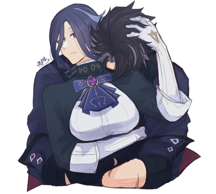 1boy, 1girl, black_hair, blue_bow, blue_hair, blue_shirt, bow, breasts, clorinde_(genshin_impact), elbow_gloves, frown, genshin_impact, gloves, grey_hair, hair_over_one_eye, hand_on_another's_head, hetero, hug, hug_from_behind, medium_breasts, mizuchi_kai, multicolored_hair, one_eye_covered, portrait, shirt, streaked_hair, violet_eyes, white_background, white_gloves, wriothesley_(genshin_impact)
