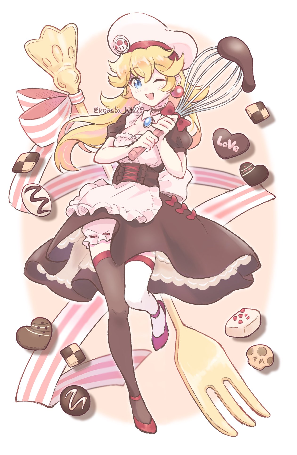 1girl, asymmetrical_legwear, bakery, blonde_hair, blue_eyes, chef_hat, chocolate, cookie