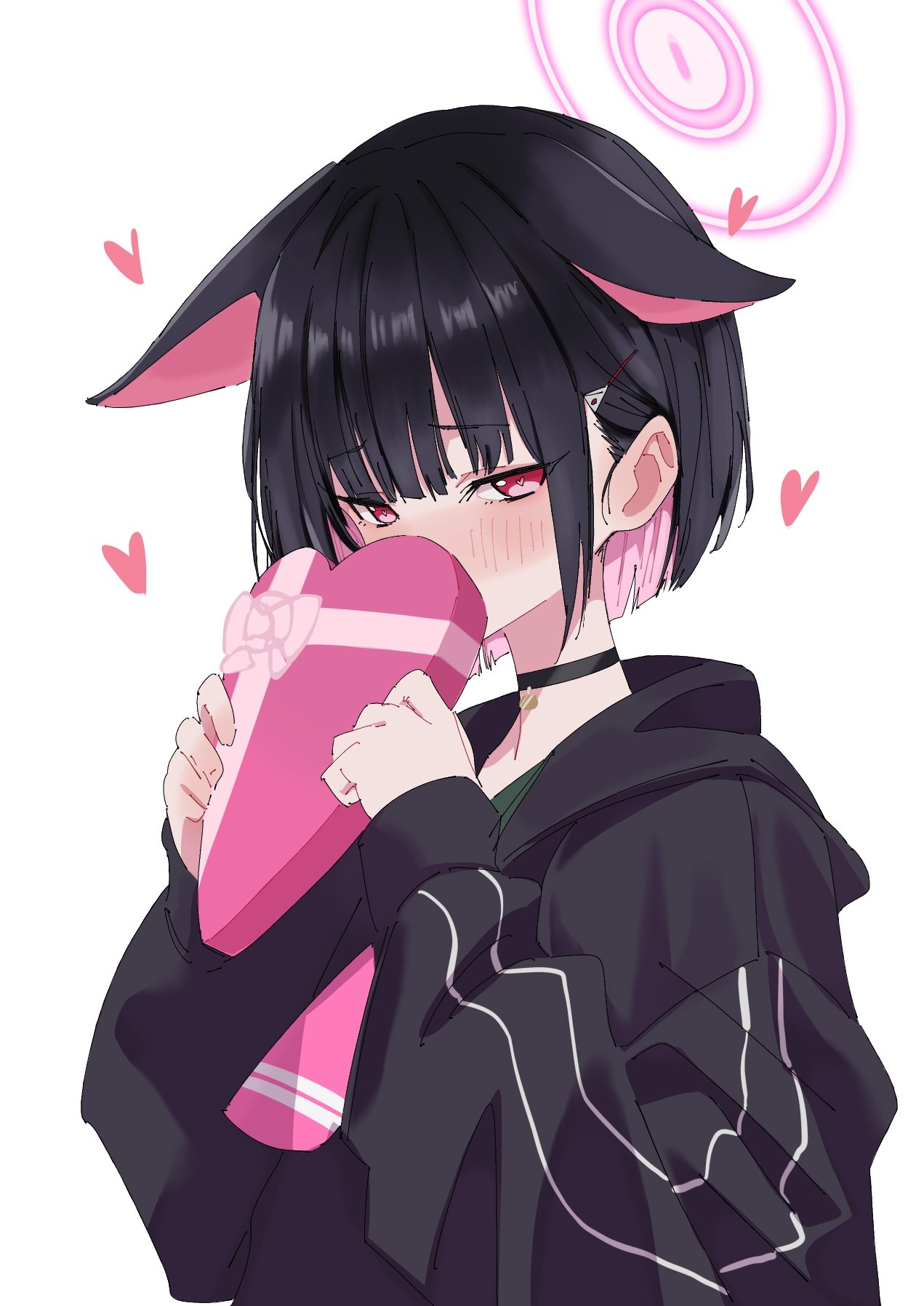 1girl, animal_ears, black_choker, black_hair, black_jacket, blue_archive, blush, box