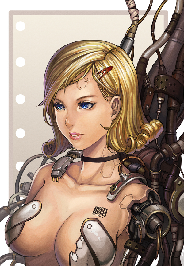 barcode, blonde_hair, blue_eyes, breasts, bust, cable, curly_hair, hair_ornament