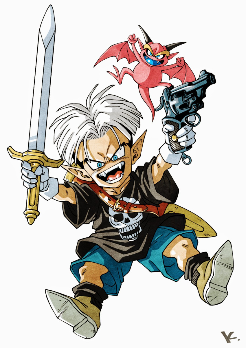 2boys, ackman_(dragon_ball), belt, black_shirt, blue_eyes, blue_shorts, boots, brown_belt, brown_footwear, demon, dragon_ball, fangs, full_body, gloves, go!_go!_ackman, goldon_(dragon_ball), gun, handgun, highres, holding, holding_gun, holding_sword, holding_weapon, horns, initial, kakeru_(dbskakeru), multiple_boys, official_style, open_mouth, pointy_ears, print_shirt, scabbard, sheath, shirt, short_hair, shorts, shoulder_belt, simple_background, skull_print, sword, teeth, toriyama_akira_(style), weapon, weapon_request, white_background, white_gloves, white_hair, wings