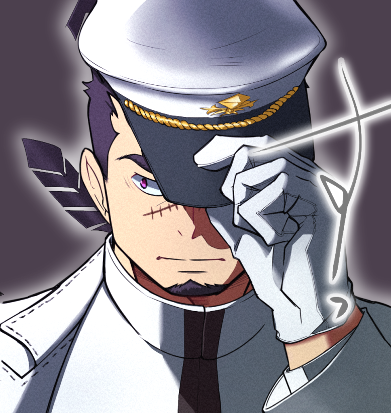 1boy, black_hair, facial_hair, goatee, hat, holding, holding_clothes, holding_hat