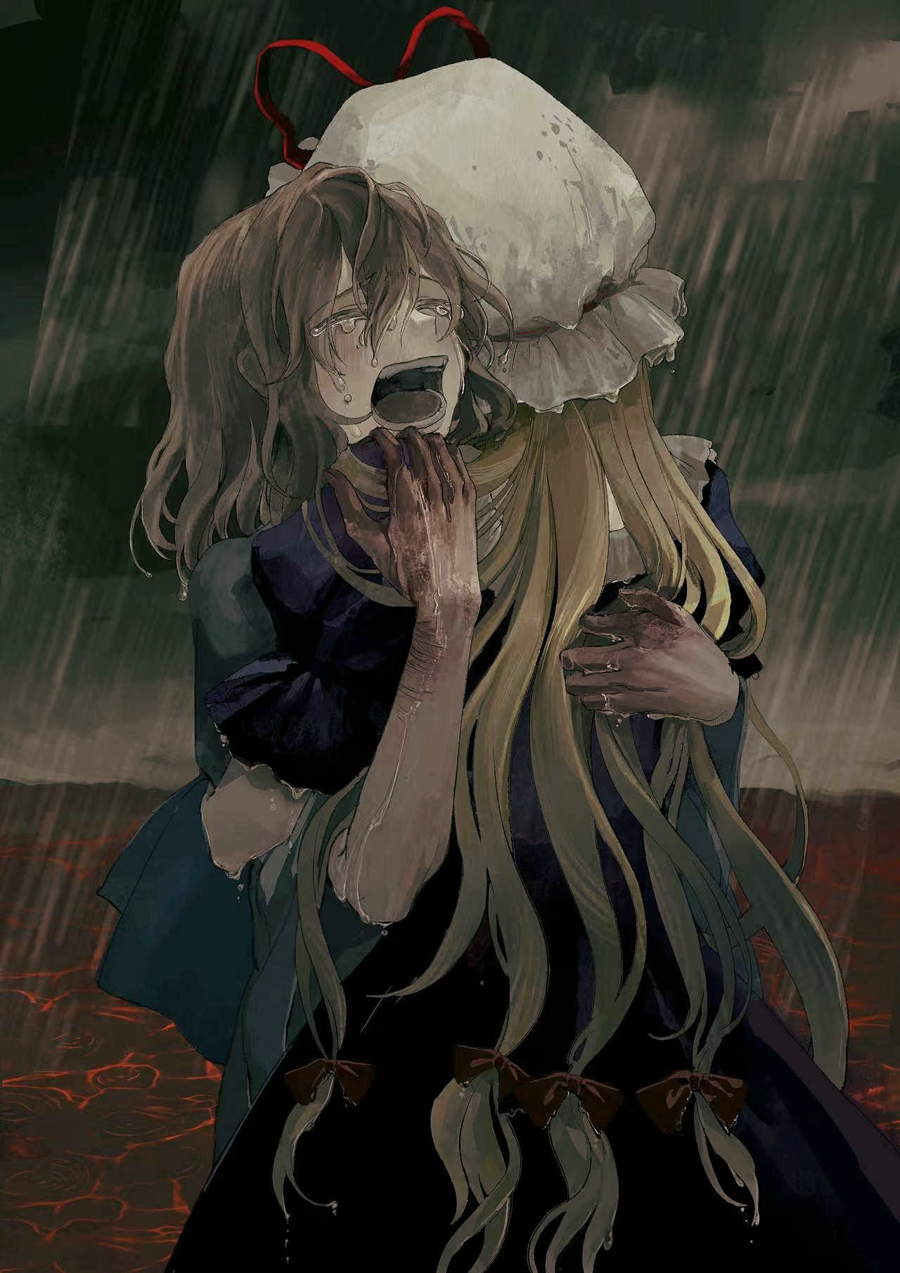2girls, blonde_hair, blood, blood_on_hands, closed_eyes, crying, dou_(doudouzi), hat
