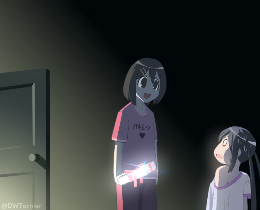 2girls, :d, azumanga_daioh, black_hair, box, brown_eyes, brown_hair, door