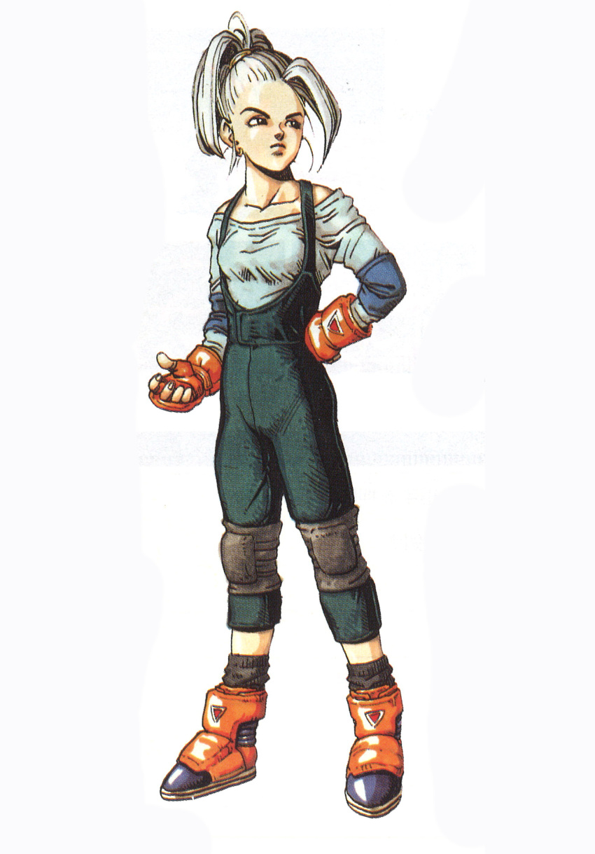 1girl, bad_link, bare_shoulders, boots, collarbone, earrings, elbow_pads, epon, fingerless_gloves, full_body, gloves, green_overalls, green_shirt, highres, jewelry, knee_pads, looking_to_the_side, official_art, orange_footwear, orange_gloves, shirt, short_hair, simple_background, solo, tobal_no._1, toriyama_akira, white_background, white_hair
