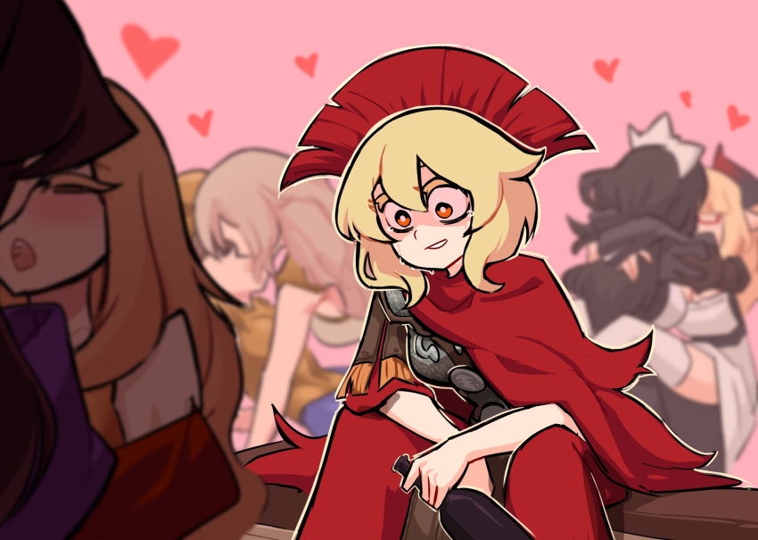 6+girls, :o, armor, bare_arms, black_hair, blonde_hair, cape, centurii-chan