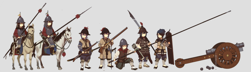 6+girls, antique_firearm, armor, arquebus, arrow_(projectile), bow_(weapon), brigandine_(armor), cannon, cannonball, carriage, cavalry, chinese_armor, chinese_clothes, chinese_empire, fangdan_runiu, firelock, flag, full_armor, grey_background, guan_dao, gun, helmet, highres, holding, holding_polearm, holding_weapon, horseback_riding, jitome, lamellar_armor, matchlock, ming_dynasty, multiple_girls, original, polearm, quiver, riding, saddle, saddle_blanket, sheath, sheathed, shield, simple_background, spear, stirrups_(riding), surcoat, sword, tassel, vest, weapon, wide_brim