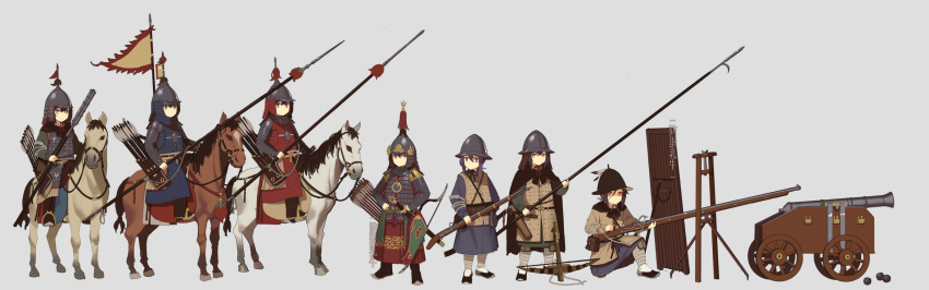 6+girls, antique_firearm, armor, arquebus, arrow_(projectile), bow_(weapon), brigandine_(armor), cannon