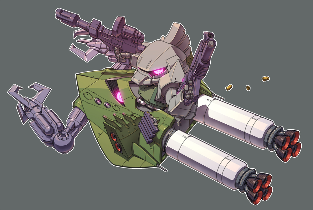 bigro, chibi, claws, commentary_request, dual_wielding, finger_on_trigger, flying, from_above, fusion, gelgoog, glowing, glowing_eye, grey_background, gun, gundam, holding, holding_gun, holding_weapon, looking_at_viewer, mobile_armor, mobile_suit_gundam, no_humans, one-eyed, pink_eyes, science_fiction, sd_gundam, shell_casing, simple_background, susagane, thrusters, weapon