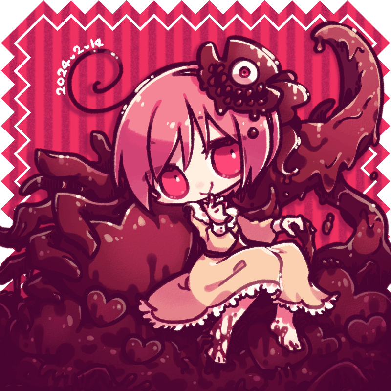 1girl, barefoot, brown_headwear, candy, chocolate, chocolate_on_foot, chocolate_on_hand, closed_mouth