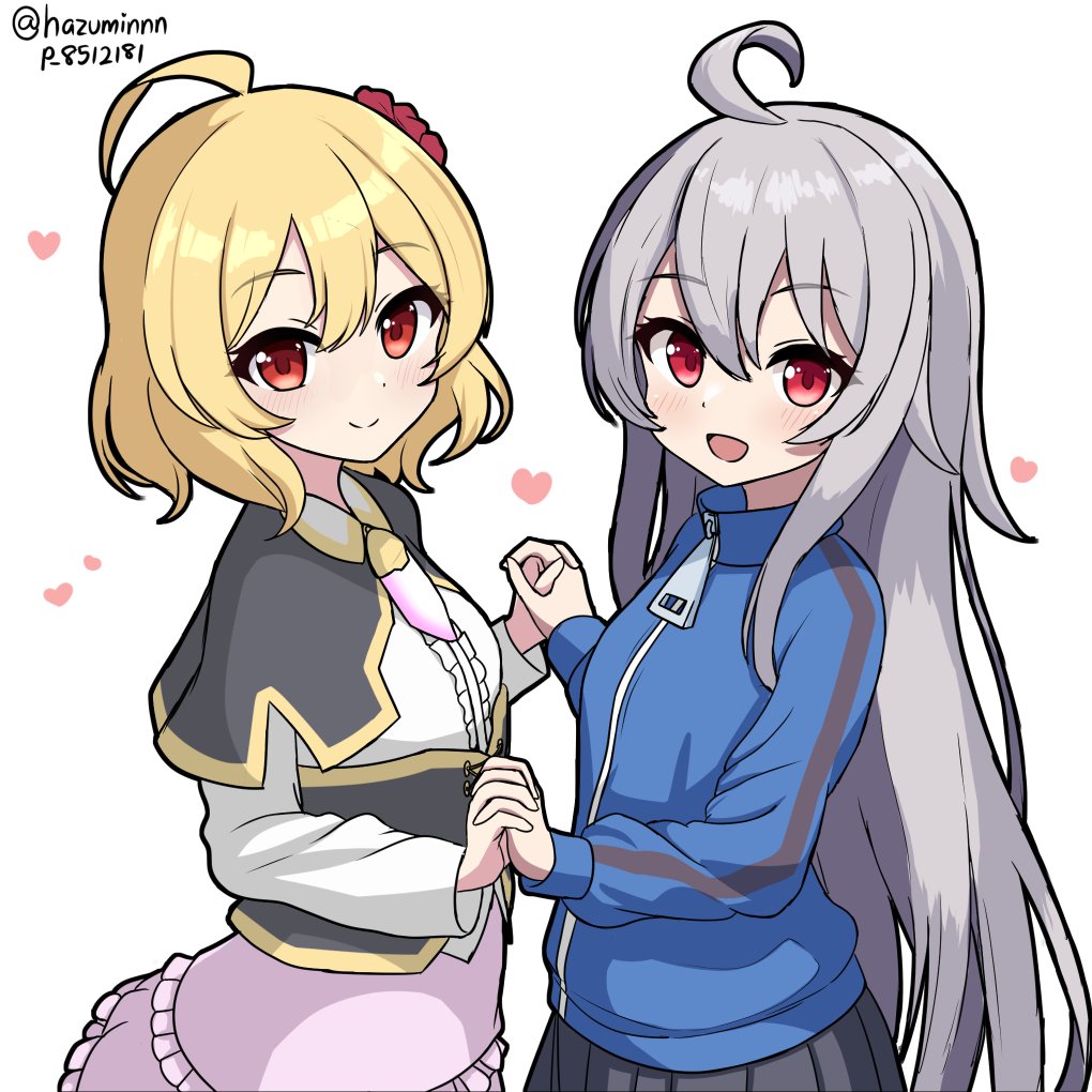 2girls, :d, ahoge, black_capelet, black_corset, black_skirt, blonde_hair, blue_jacket