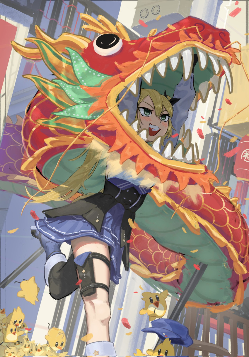1girl, bird, blonde_hair, chinese_new_year, confetti, dokibird_(vtuber), dragon, dragoon_(dokibird), dress, eastern_dragon, green_eyes, hair_between_eyes, halfbakelim, highres, holster, indie_virtual_youtuber, jacket, long_hair, new_year, open_mouth, outdoors, single_thighhigh, smile, thigh-highs, thigh_holster, twintails, virtual_youtuber
