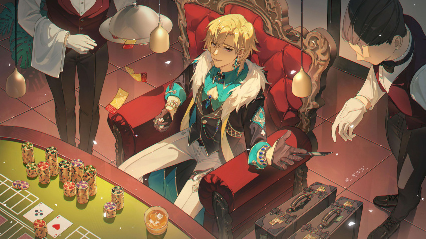3boys, absurdres, aqua_shirt, aventurine_(honkai:_star_rail), black_footwear, black_gloves, black_jacket, black_pants