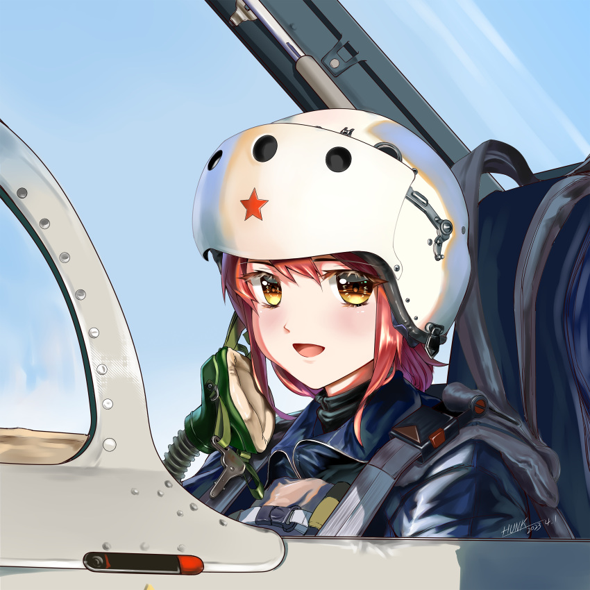 1girl, absurdres, aircraft, airplane, close-up, fighter_jet, helmet, highres, hunk03, j-7, jet, looking_at_viewer, mask, military_vehicle, open_cockpit, oxygen_mask, people's_liberation_army, people's_liberation_army_air_force, pilot, pilot_helmet, pilot_suit, red_star, redhead, sidelocks, solo, star_(symbol), unworn_mask, upper_body, war_thunder, yellow_eyes