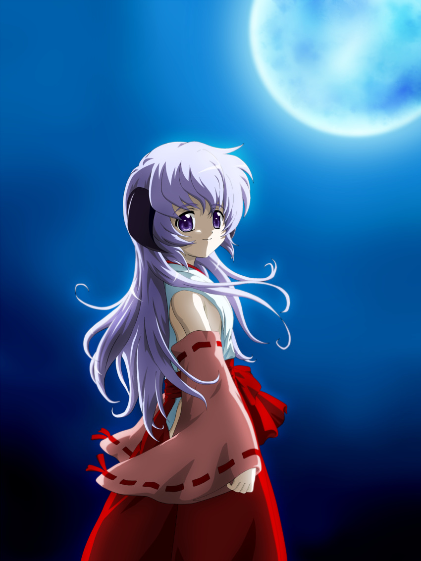 anime_coloring, detached_sleeves, hakama, hanyuu, highres, higurashi_no_naku_koro_ni, horns, japanese_clothes, lila_(artist), long_hair, looking_back, miko, moon, night, official_style, purple_eyes, purple_hair, smile, violet_eyes