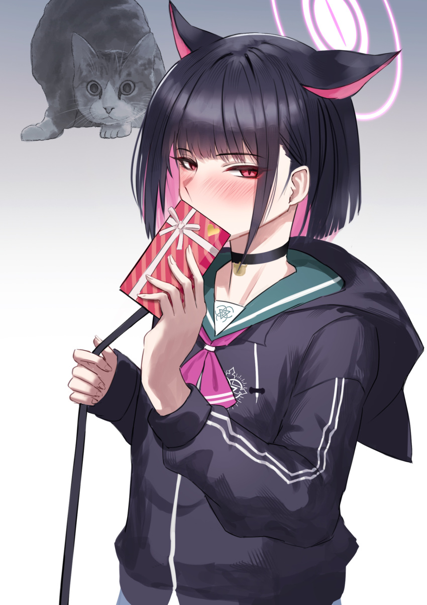 1girl, absurdres, animal, animal_ears, black_choker, black_hair, black_jacket, blue_archive