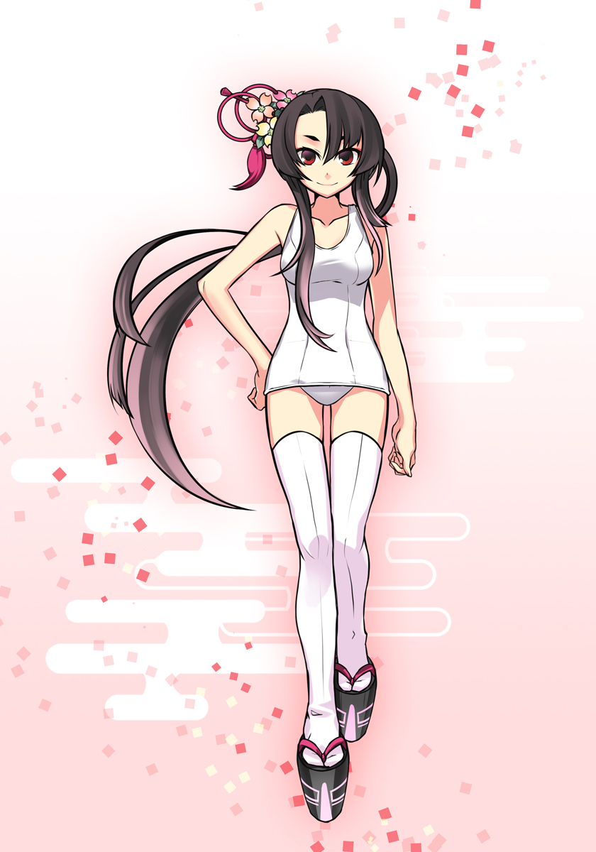 black_hair, egasumi, highres, legs, long_hair, negi_(ulogbe), one-piece_swimsuit, original